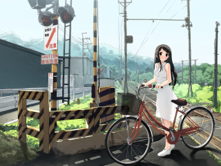 Woman biking street train track - a woman riding free wallpaper