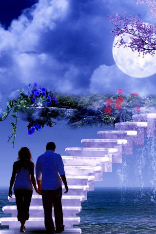 Couple stairway waterfall tree moon - a couple walking free wallpaper