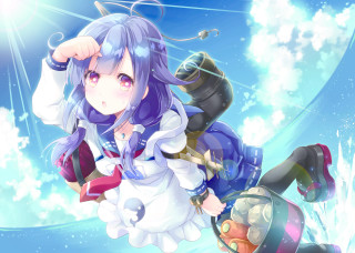 Anime girl blue hair flying - her arm behind her head free wallpaper for desktop