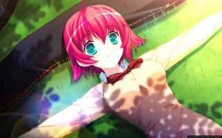 Pink haired girl blue eyes - the ground in a field of grass free wallpaper