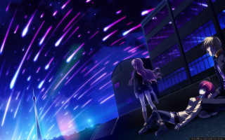 Anime girls sitting ledge watching - a cityscape in the background free wallpaper