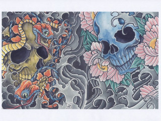 Skulls flowers dragon drawing white 2 - the left side free wallpaper