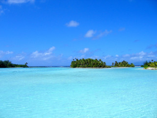 Blue lagoon trees sky clouds - panoramic free wallpaper