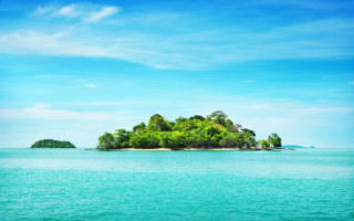 Small island ocean trees boat 2 - andrew law free wallpaper