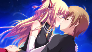 Anime couple kissing blue sky 2 - behind them free wallpaper for desktop