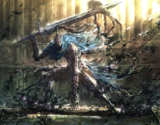 Woman sword forest giant creature - dark soul free wallpaper