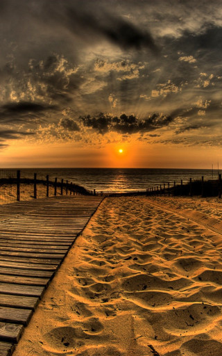 Boardwalk beach sunset cloudy sky - beautiful landscape free wallpaper for mobile