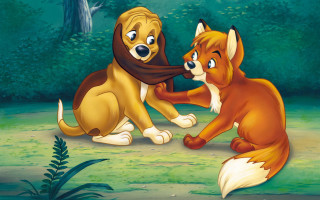 Lion fox dog playing woods - don bluth free wallpaper