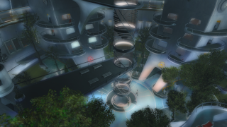 Futuristic city building trees walkway - a futuristic city free wallpaper