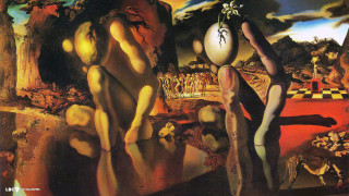 Man holding giant egg woman - surrealist free wallpaper