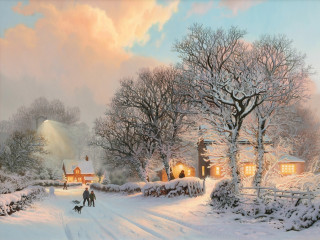 Snowy country road couple walking - kinkade free wallpaper
