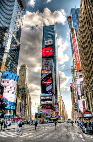 City street tall buildings people - american scene painting free wallpaper for mobile