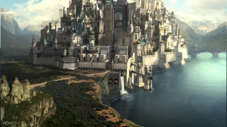 Castle cliff water mountains bridge - the background and a bridge in the foreground free wallpaper