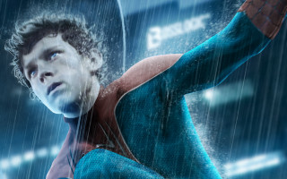 Man blue suit rain arms - his hands out free wallpaper