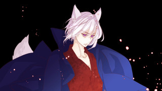 Anime character white hair red - a blue coat free wallpaper