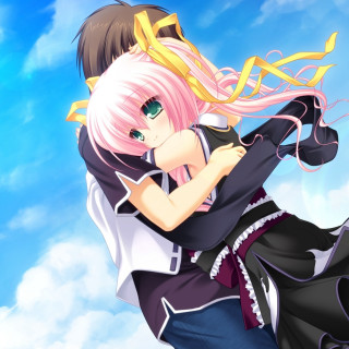 Anime characters hugging in air - cloud free wallpaper for tablet