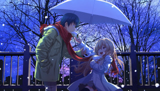 Romantic snowy umbrella aisle festival - a man and a woman free wallpaper for desktop