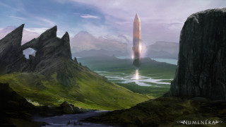 Futuristic landscape giant tower river - a futuristic landscape free wallpaper