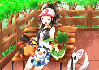 Woman bench pokemon characters dog - pokemon free wallpaper for desktop