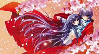 Anime characters hugging cherry blossom - the petal free wallpaper