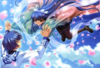 Anime characters flying petals blue - the air behind them free wallpaper