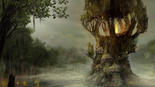Fantasy tree house forest bridge - matte fantasy painting free wallpaper for desktop