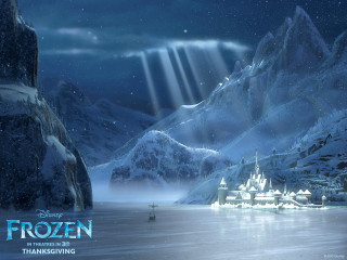 Frozen lake castle snowfall mountains - matte painting concept art free wallpaper