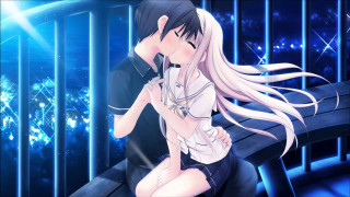 Anime couple bench window blue - behind them free wallpaper for desktop