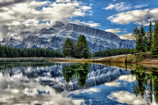 Mountain lake trees clouds blue 3 - white cloud free wallpaper for desktop