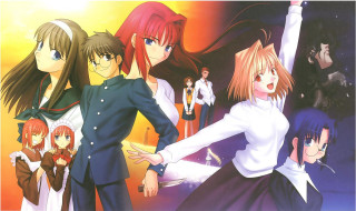 Anime girls yellow background red - serial free wallpaper