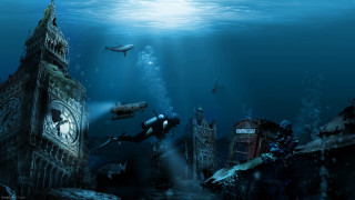 Underwater clocktower shark divers night - underwater free wallpaper for desktop