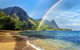 Rainbow beach mountains water scenery 2 - over a beach free wallpaper