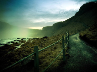 Path cliff ocean mountains fence - in the foreground free wallpaper