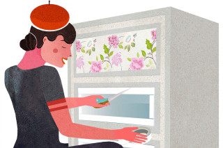 Woman microwave oven cutting food - illustration free wallpaper