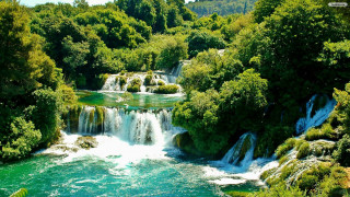 Waterfall river trees blue sky 2 - tree and water free wallpaper