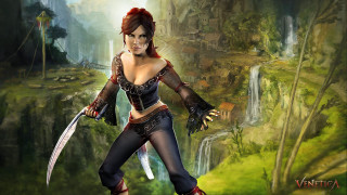 Woman fantasy scene holding sword - a waterfall in the background free wallpaper
