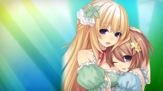 Anime girls hugging green background - a star free wallpaper