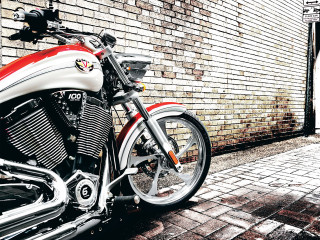 Red white motorcycle parked brick - motorcycle free wallpaper