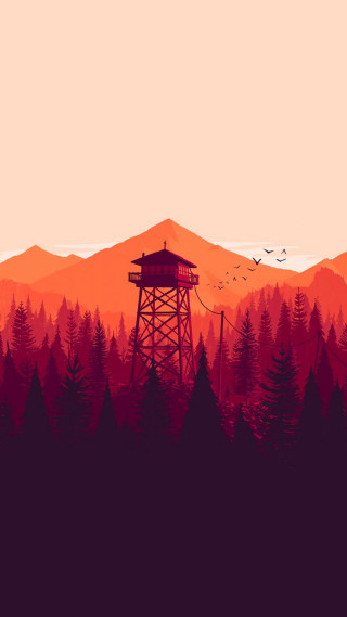 Red orange sunset tower forest - game art free wallpaper for mobile