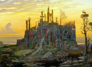 Castle bird sunset painting clouds - a painting of a castle free wallpaper