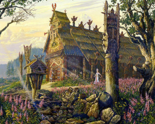 House woods woman man fantasy - kinkade free wallpaper for desktop