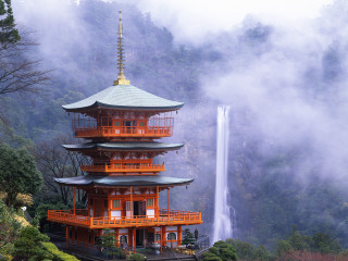 Tall pagoda waterfall fog background - eishōsai chōki free wallpaper