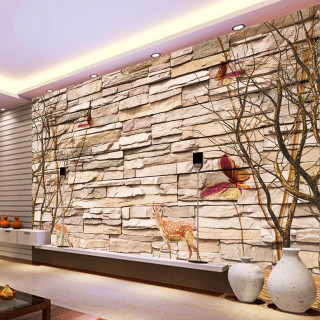 Livingroom stonewall deermural fireplace corner - free retro wallpaper for tablet