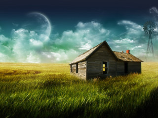 House field windmill clouds sky 3 - cloud and a sun in the distance free wallpaper