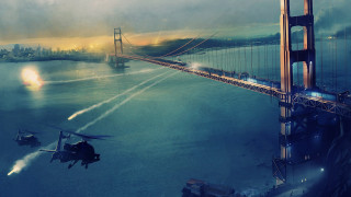 Bridge plane city background foreground - matte painting concept art free wallpaper