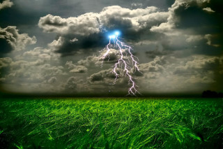 Lightning bolt sky field grass - thunderstorm free wallpaper