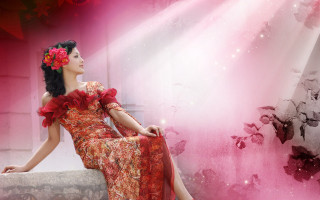 Woman red dress ledge pink - a pink light free wallpaper