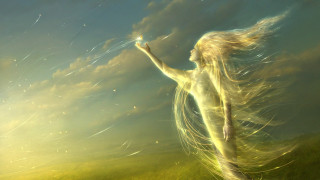 Woman field kite sky clouds 2 - christophe vacher free wallpaper