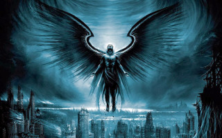 Man large wings city skyline - large wing free wallpaper
