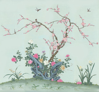 Tree pink flowers birds blue - free spring wallpaper for tablet